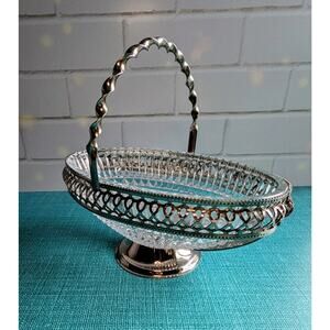 Crystal Glass Silver Bread Basket Candy Dish Wedding Tea Granny Core Chic VTG